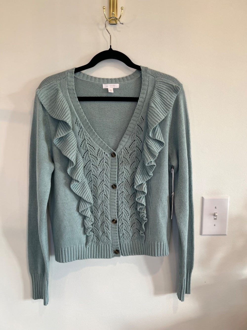 LC Lauren Conrad Ruffle Cardigan Blue Knit Cottagecore Feminine Sweater NWT Larg